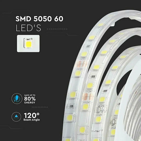 V-TAC Waterproof LED Strip 24V Warm White Light 5m Type SMD5050