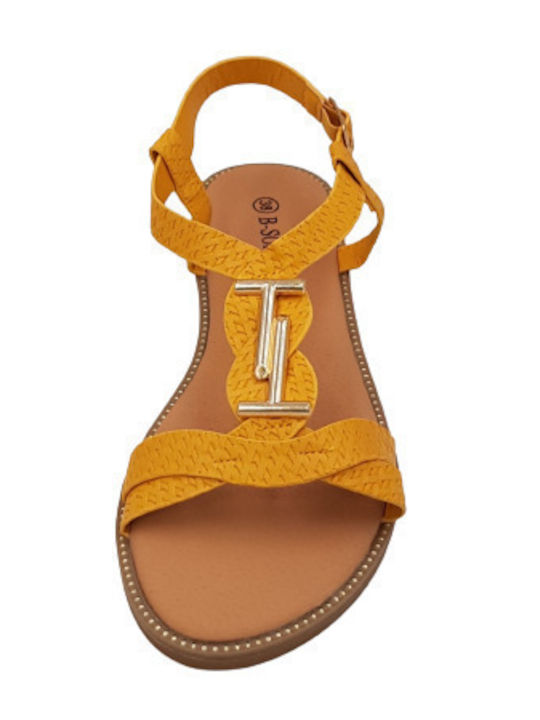 Leather Women's Flat Sandals with Strap in Yellow Color