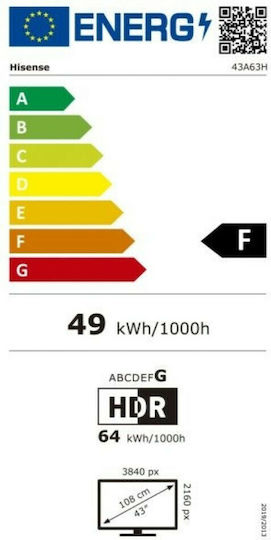 Hisense Smart Τηλεόραση 43" 4K UHD LED A63H HDR (2022) 43A63H