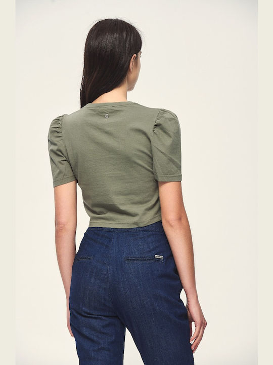 Edward Jeans Women's Summer Crop Top Cotton Short Sleeve Army Green