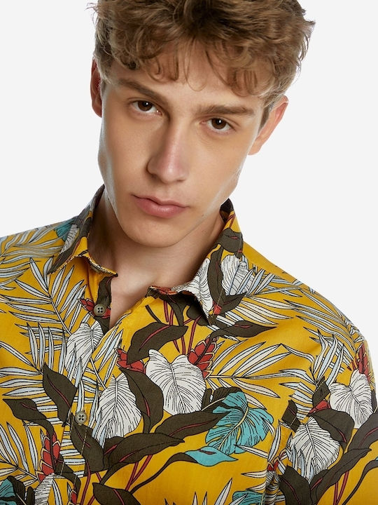 Cămașă Bărbați Mâneca Scurtă 100% Bumbac Regular Fit Floral Ocru