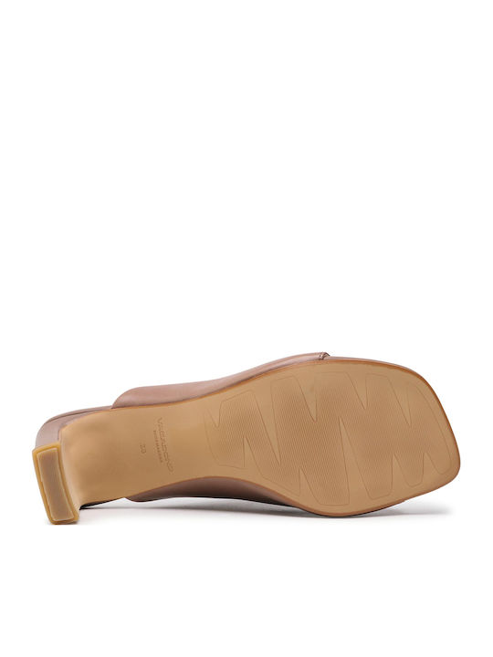 Luisa Leather Mules with Chunky High Heel in Beige Color