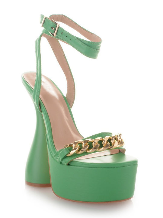 Famous Shoes Γυναικεία Πέδιλα με Χοντρό Ψηλό Τακούνι σε Πράσινο Χρώμα