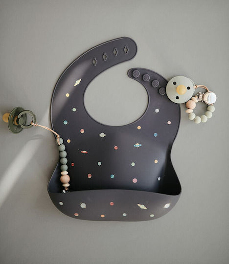 Mushie Planets Waterproof Bib Silicone with Button & Pocket Black
