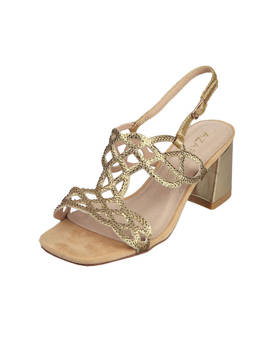 Azarey 434F367 Leather Women's Sandals with Chunky Medium Heel In Gold Colour