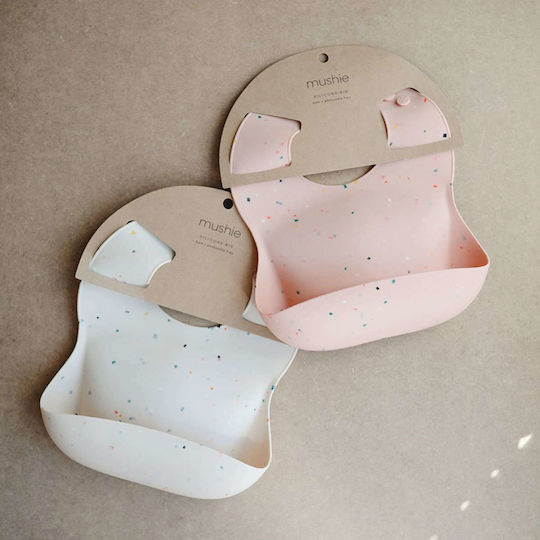 Mushie Confetti Waterproof Bib Silicone with Button & Pocket Powder Pink