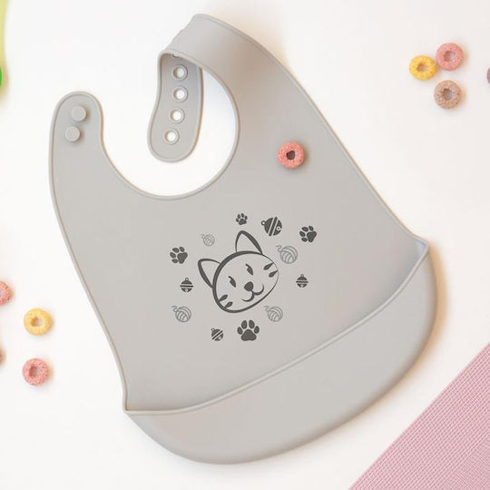 Kiokids Cat Waterproof Bib Silicone with Button & Pocket Gray