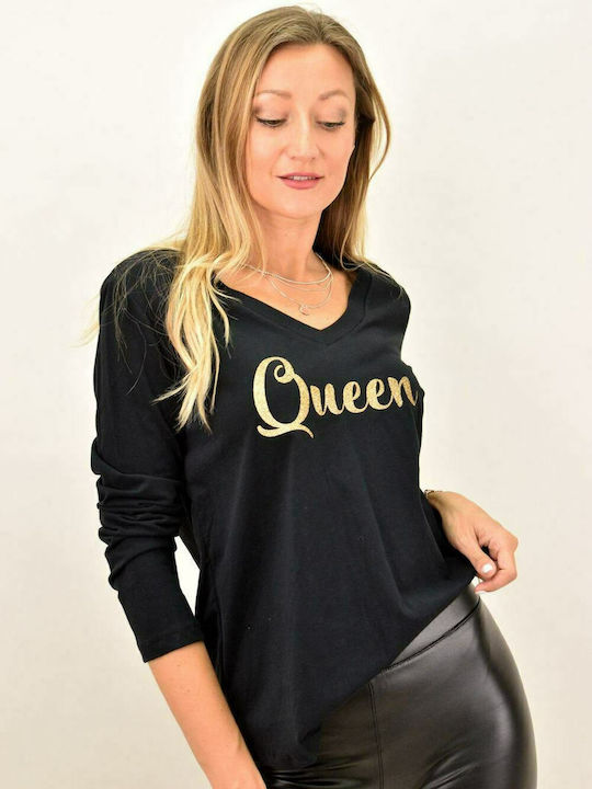 Γυναικεία μακρυμάνικη μπλούζα με τύπωμα Queen Μαύρο 12269