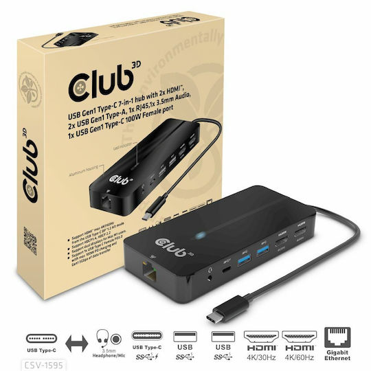 Club3D USB-C Docking Station with HDMI 4K PD Ethernet and Support for 2 Monitors Black (CSV-1595)