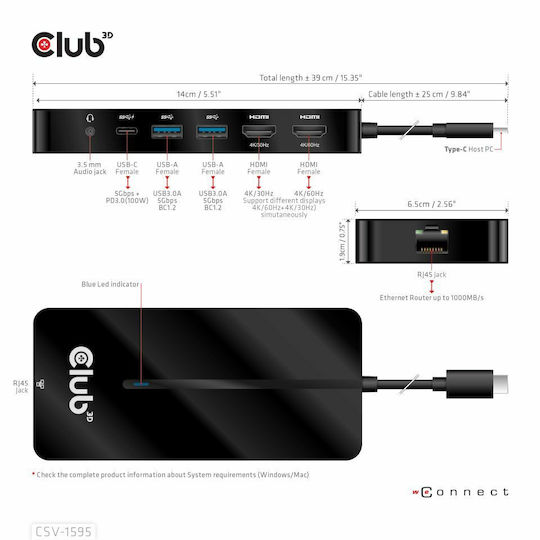 Club3D USB-C Docking Station με HDMI 4K PD Ethernet και συνδεση 2 Οθονών Μαύρο (CSV-1595)