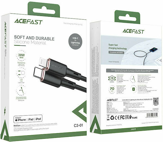 Acefast C2-01 Редовна USB-C към Lightning кабел 30W Черен 1.2м
