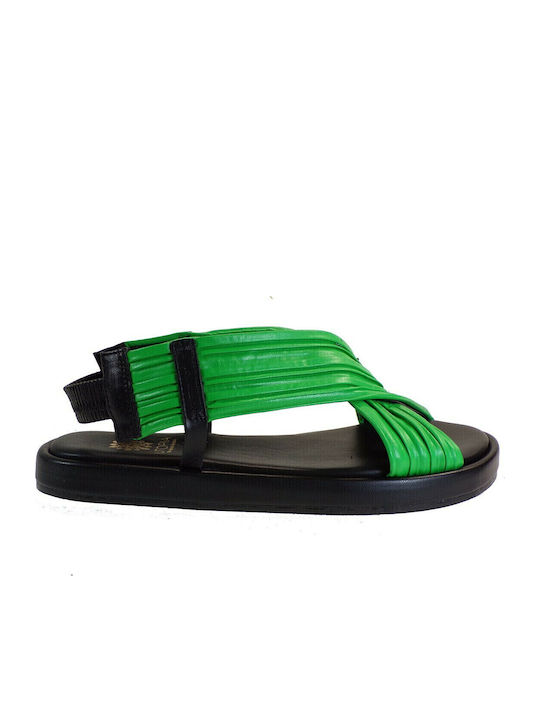 Leather Women's Flat Sandals in Green Color