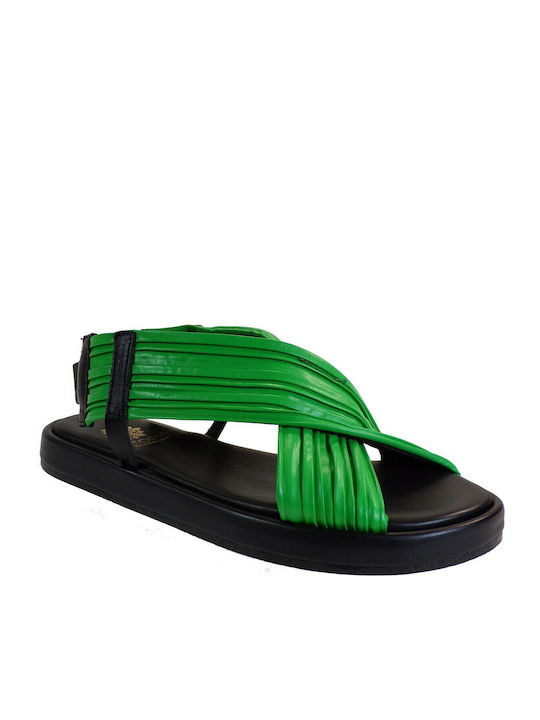 Leather Women's Flat Sandals in Green Color