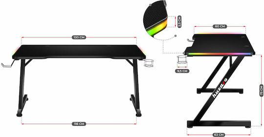 Γραφείο Gaming Hero 2.5 RGB Ξύλινο Μαύρο με Μεταλλικά Πόδια & LED 120x60x75εκ.