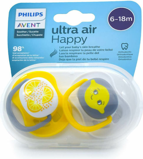 Philips Ultra Air Ορθοδοντικές Πιπίλες Σιλικόνης με Θήκη Λεμόνι - Κίτρινο - Γκρι για 6-18 μηνών 2τμχ
