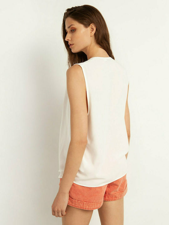 Toi&Moi Damen Sommerliche Bluse Ärmellos mit V-Ausschnitt Weiß