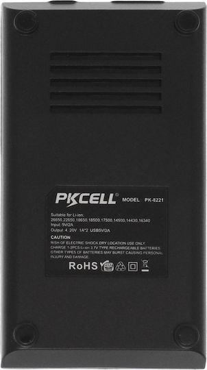 Pkcell PK-8221 USB Ladegerät 2 Batterien Li-Ion Größe 18650/16340/26650/14500