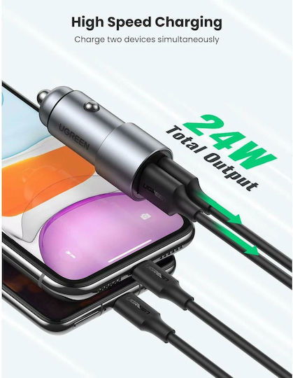 Ugreen Φορτιστής Αυτοκινήτου 30W 3A Γρήγορης Φόρτισης με Θύρες: 2xUSB-A Γκρι Χρώμα