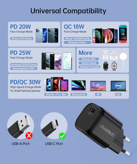 Choetech GaN Wireless Charger with USB-C Port 30W Power Delivery Black