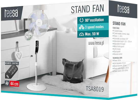 Teesa Ανεμιστήρας Ορθοστάτης 50W Διαμέτρου 44cm με Τηλεχειριστήριο Λευκός