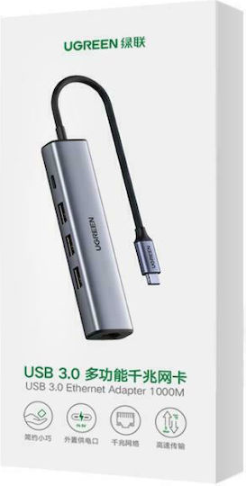 Ugreen CM475 Hub 3 Ports USB 3.0 with USB-C / Ethernet Connection Silver