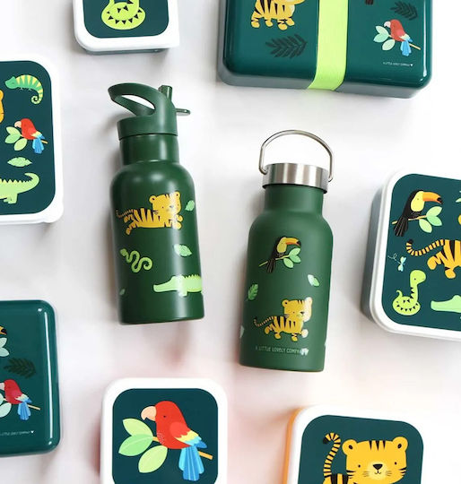 A Little Lovely Company Kids Water Bottle Thermos Stainless Steel with Straw Green 350ml