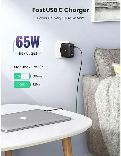 Ugreen GaN Wireless Charger with USB-A Port and 3 USB-C Ports 65W Power Delivery Quick Charge 2.0 Quick Charge 3.0 Quick Charge 4+ Quick Charge 4.0 Black (CD224)