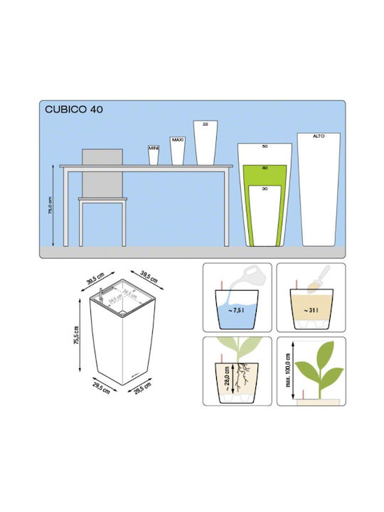 Lechuza Cubico Premium Self-watering Pot Plastic 39.5x39.5x75.5cm.
