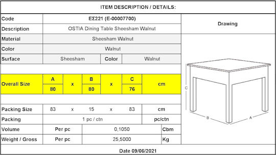 Ostia Table Kitchen from Solid Wood Walnut 80x80x76cm