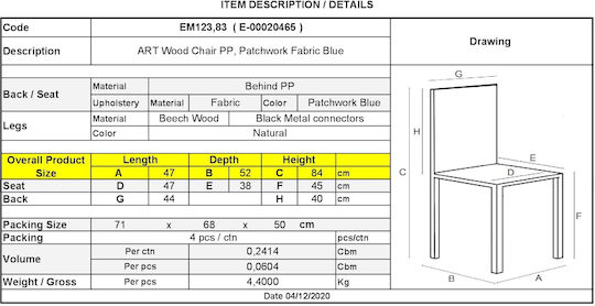 Art Dining Room Fabric Chair Blue 47x54x82cm 4pcs