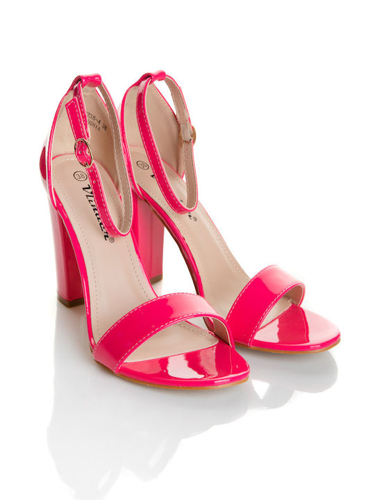 Shoe Art Patent Leather Women's Sandals with Ankle Strap Fuchsia with Chunky High Heel