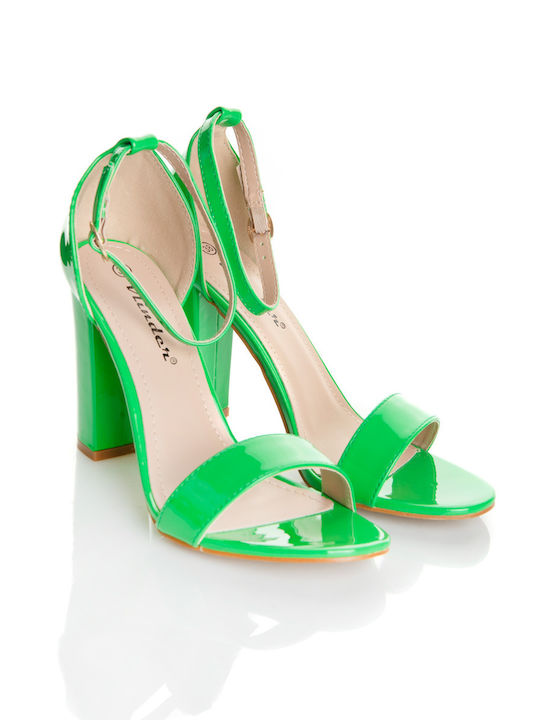 Shoe Art Patent Leather Women's Sandals with Ankle Strap Green with Chunky High Heel