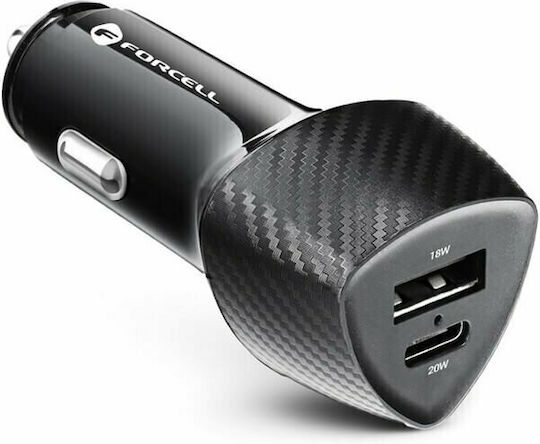Forcell CC50-1A1C Auto-Ladegerät 18W 5A Schnellladen mit Anschlüssen: 1xUSB 1xType-C Schwarz Farbe