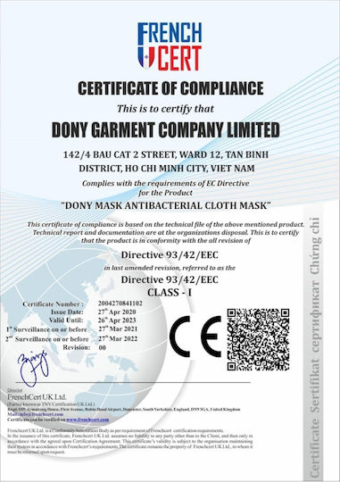 Dony Dony's Mask Protective Mask Fabric White DMACMB20 1pcs