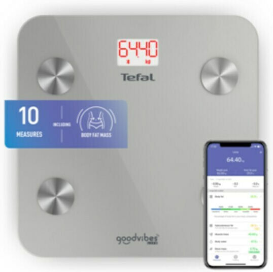 Tefal Goodvibes Life Smart Bathroom Scale with Body Fat Counter & Bluetooth Gray
