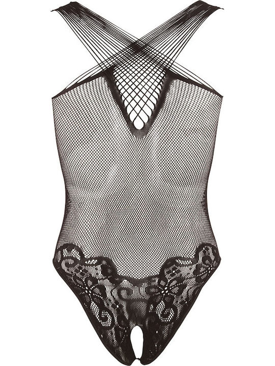 Mandy Mystery Lace Body Suit With Open Crotch Black