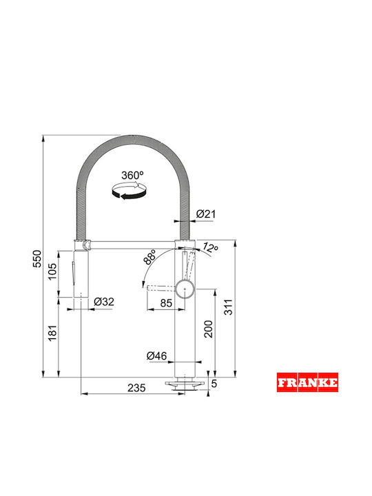 Franke Pescara Semi Pro XL Groß Küchenarmatur Zähler mit Spirale Edelstahl Silber