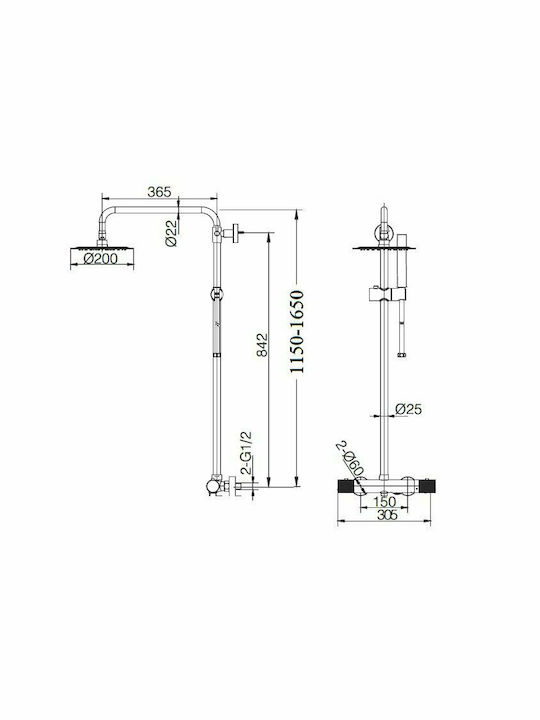 Imex Line Ρυθμιζόμενη Στήλη Ντουζ με Μπαταρία 115-165cm Μαύρη