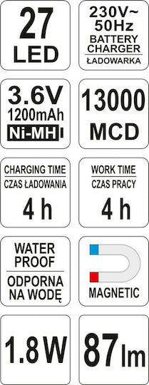 Yato Φακός Συνεργείου Μπαταρίας LED IP20 με Φωτεινότητα έως 87lm