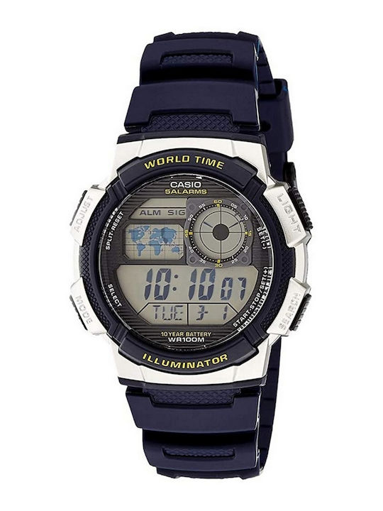 Casio World Time Illuminator Digital Men's Watch 44mm Chronograph Battery with Blue Rubber Strap