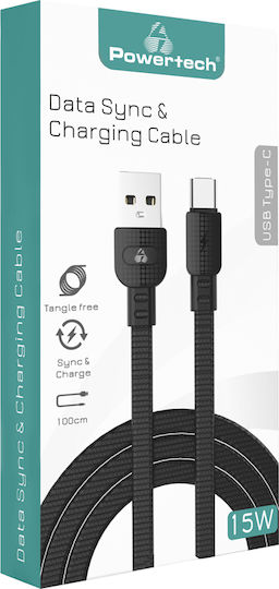 Powertech Armor Braided USB 2.0 Cable USB-C male - USB-A 15W Μαύρο 1m PTR-0101