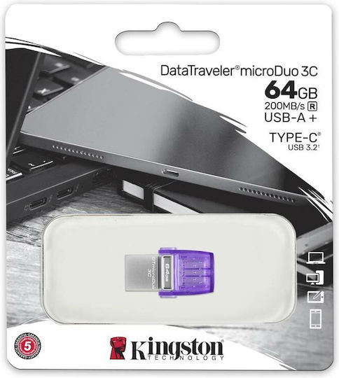 Kingston DataTraveler MicroDuo 3C 64GB USB 3.1 Stick with connection USB-A & USB-C Purple