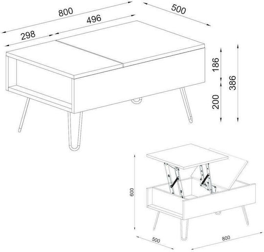 Rectangular Central Coffee Table Limnos Wooden with Lifting Mechanism Natural/White W80xL50xH39cm