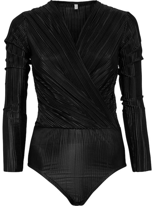Wrap Long Sleeve Bodysuit Pleat Black