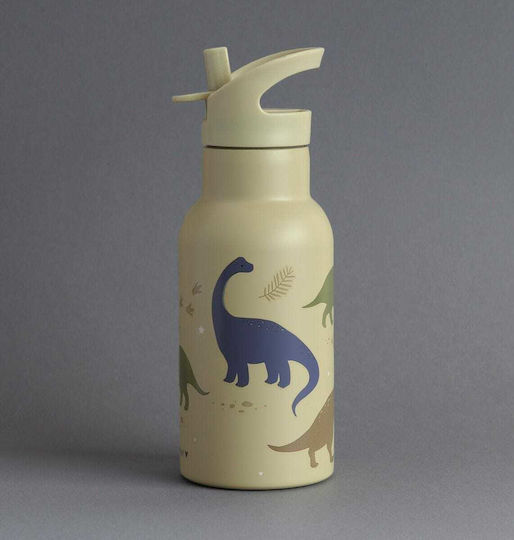 A Little Lovely Company Dinosaurs Kids Water Bottle Thermos Dinosaur Stainless Steel with Straw Non Spill Beige 350ml