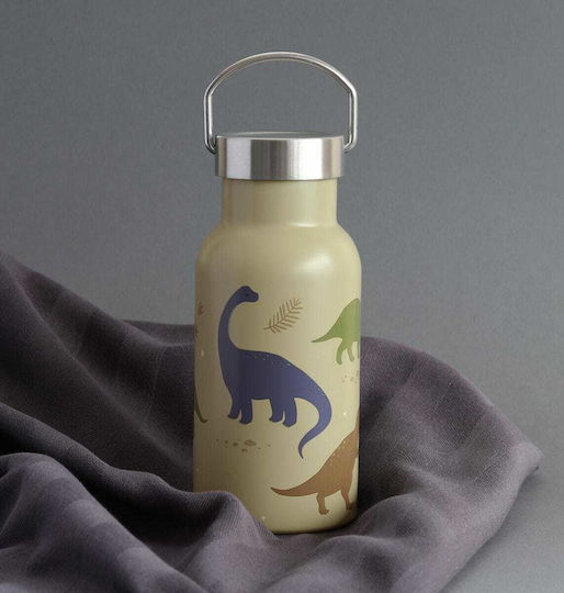 A Little Lovely Company Dinosaurs Kids Water Bottle Thermos Dinosaur Stainless Steel with Straw Non Spill Beige 350ml