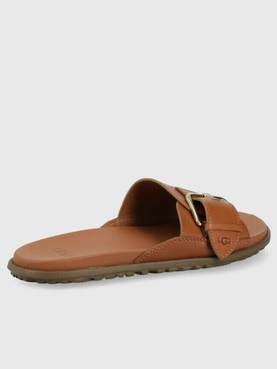 Buckle Leather Women's Flat Sandals in Tabac Brown Color