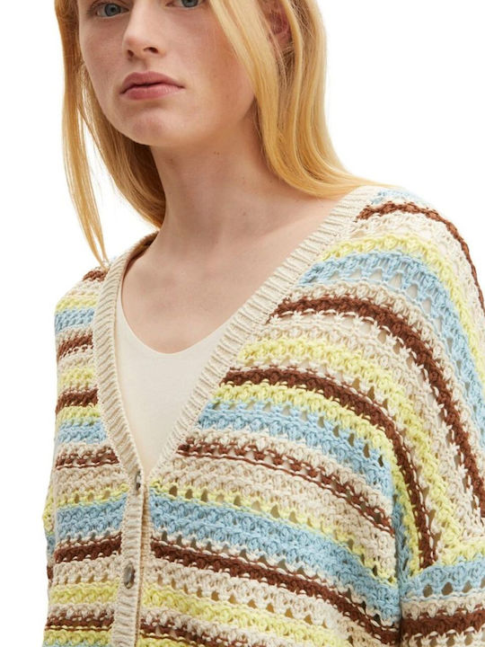 Κοντή Γυναικεία Πλεκτή Ζακέτα Blue Creme Brown Stripe
