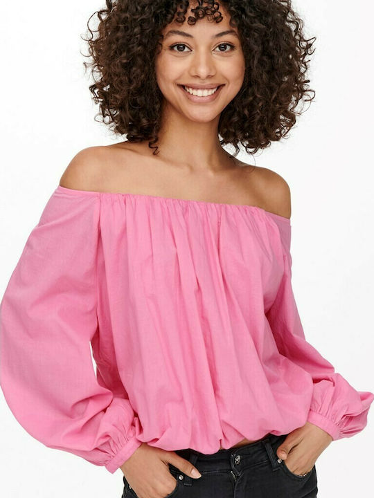 Only Allie Damen Sommer Bluse Schulterfrei Langärmelig Rosa