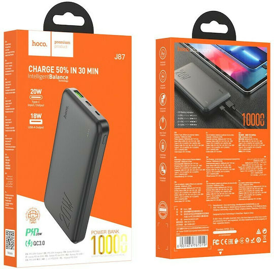 Hoco J87 Tacker Power Bank 10000mAh 20W с USB-A порт и USB-C порт Power Delivery / Бързо зареждане 3.0 Черен